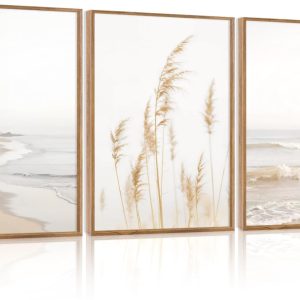 HPNIUB Modern Beach Waves Framed Wall Art Set.Seaside Reed Pathway Wall Decor.Minimalist Neutral Coastal Landscape Printing.Boho Seascape Nature Artwork for Living Room. Bedroom.Bathroom-24''x36''x3: Posters & Prints