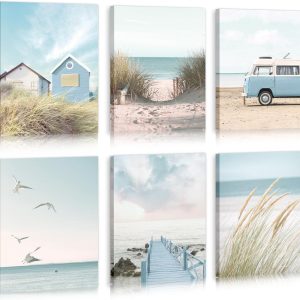 HPNIUB Beachy Canvas Wall Art. Tropical Summer Ocean Coastal Posters. Set Of 6 Piece (8x10inch.Framed) Preppy Gallery Beach Prints. Girly Green Sbristlegrass Room Decor. California Beachy Pictures: Posters & Prints