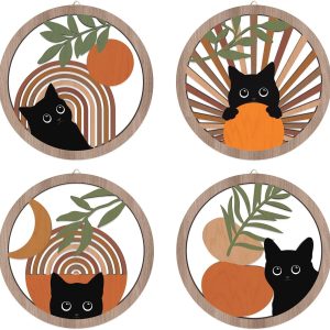 HPNIUB Boho Black Cat Wall Decor. Farmhouse Geometric Hanging Wooden Wall Art. 4 Pieces 10''x10'' Mid Century Bohemian Abstract Moon and Sun Wood Sign for Nursery Bedroom Decoration. Lovely Cat Gifts : Home & Kitchen