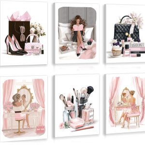 HPNIUB Watercolor Fashion Women Wall Art. Glam Poster Modern Artwork for Girls Bedroom. Set Of 6 Piece (8x10inch.Framed) Girly Flowers Perfume Handbag High Heel Paintings for Women Room Bathroom Gift: Posters & Prints
