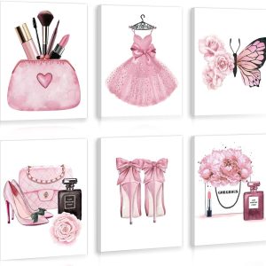 HPNIUB Fashion Wall Decor. Woman Makeup Wall Art Sign. Set Of 6 Piece (12x16inch.Framed) Pink Girly Beauty Room Pictures for Office Bedroom Bathroom Decoration. Pink Gift for Girls Room Boudoir Decor: Posters & Prints