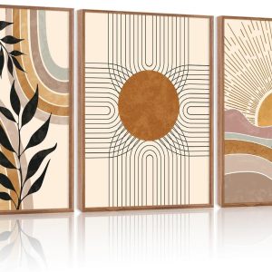 HPINUB Boho Framed Canvas Wall Art Prints. (Set of 3.12X16 Inch) Mid Century Modern Wall Decor. Nature Plants Desert Sun Art Paintings. Bohemian Artwork for Living Room. Bedroom. Dining Room. Office: Posters & Prints