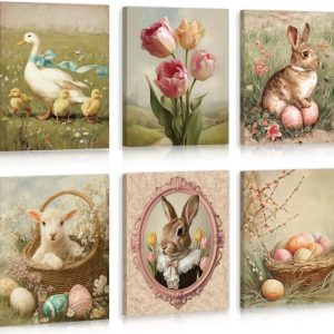 HPNIUB Vintage Easter Wall Decor. Funny Rabbit Canvas Wall Art for Nursery. Set Of 6 Piece (8x10inch.Framed) Spring Flower Pictures. Farmhouse Easter Eggs Bunny Painting Decoration for Living Room: Posters & Prints